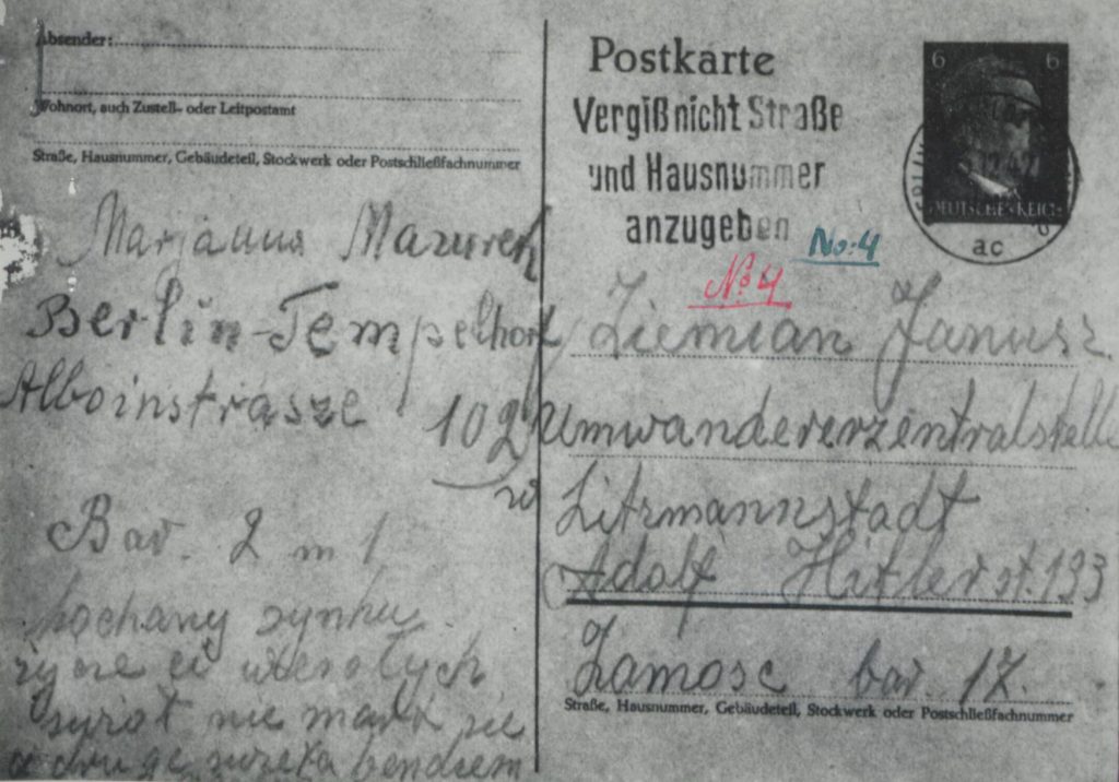 Fot. 1. Pierwsza strona kartki pocztowej pracownicy przymusowej Marianny Mazurek do syna. Źródło: I.Z.Dok.I-658.