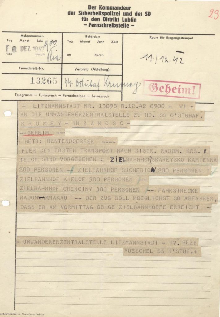 Fot. 4. Tajny telegram zaadresowany do H. Krumeya dotyczący pierwszych trans-portów do wiosek emeryckich w dystrykcie radomskim. Źródło: I.Z.Dok. I-573.