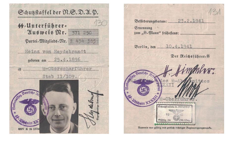 Fot. 3. Legitymacja starszego sierżanta SS Heinza von Heydebranda. Źródło: I.Z. Dok I –833. Warto zwrócić uwagę, iż nazwisko „Heydebrand” napisane zostało z błędem. Na rewersie legitymacji znajduje się faksymile podpisu Heinricha Himmlera, przywódcy SS.